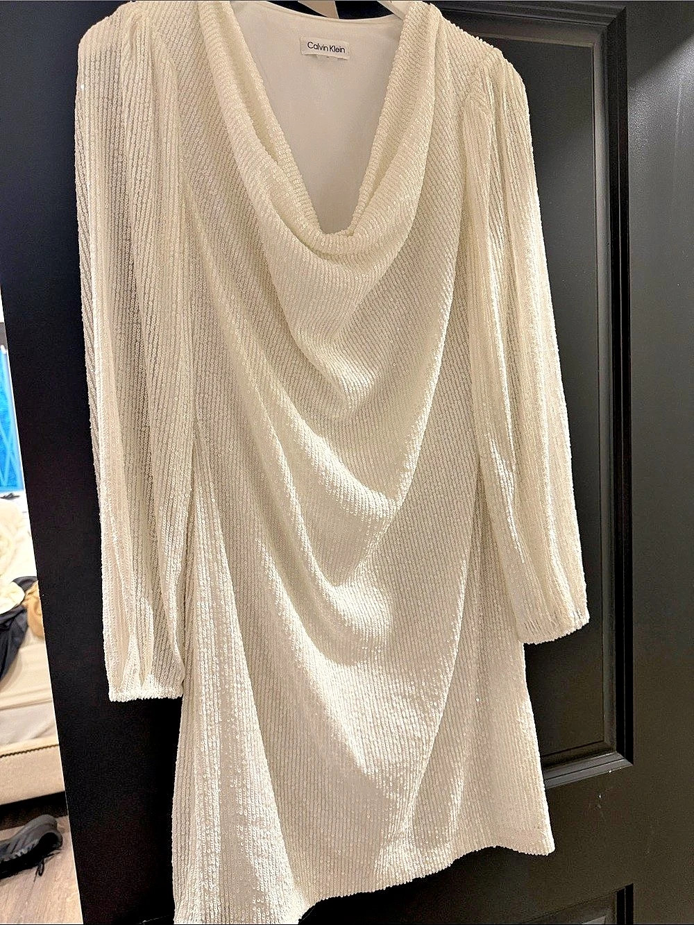 Calvin Klein Sequin Cowl Neck Long Sleeve Mini Dress Cream Size 10